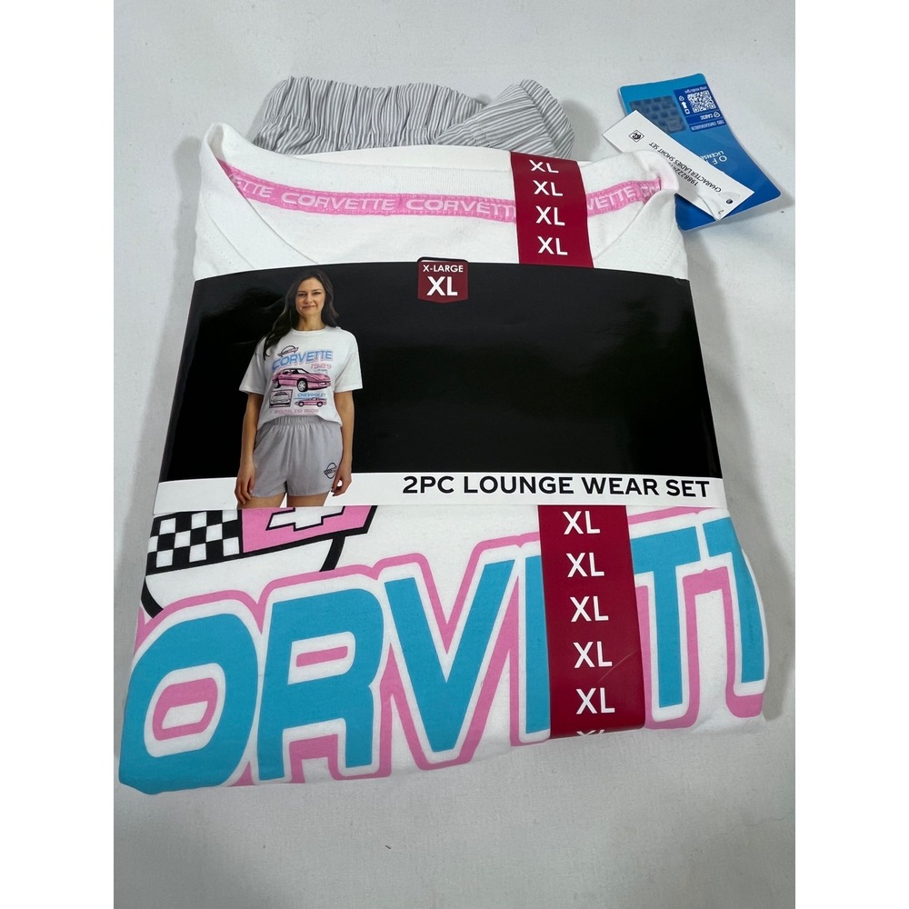 GM Corvette 1989 Coupe Retro Graphic Tee/Shorts Lounge‎ Set Women XL White Pink